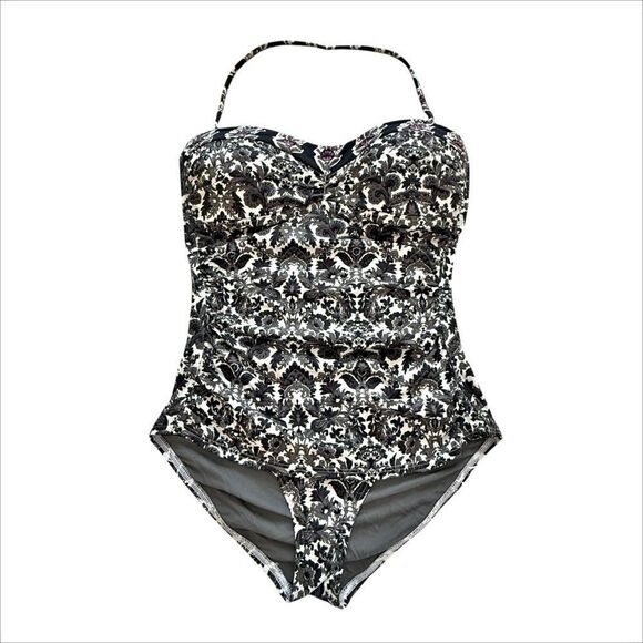 Tommy Bahama Black & White Floral One Piece Bandeau Swimsuit - Picture 2 of 8